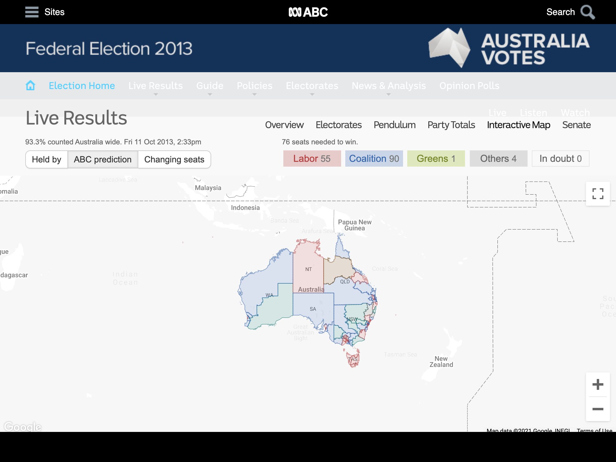 Map of Australia with electorates in different colours