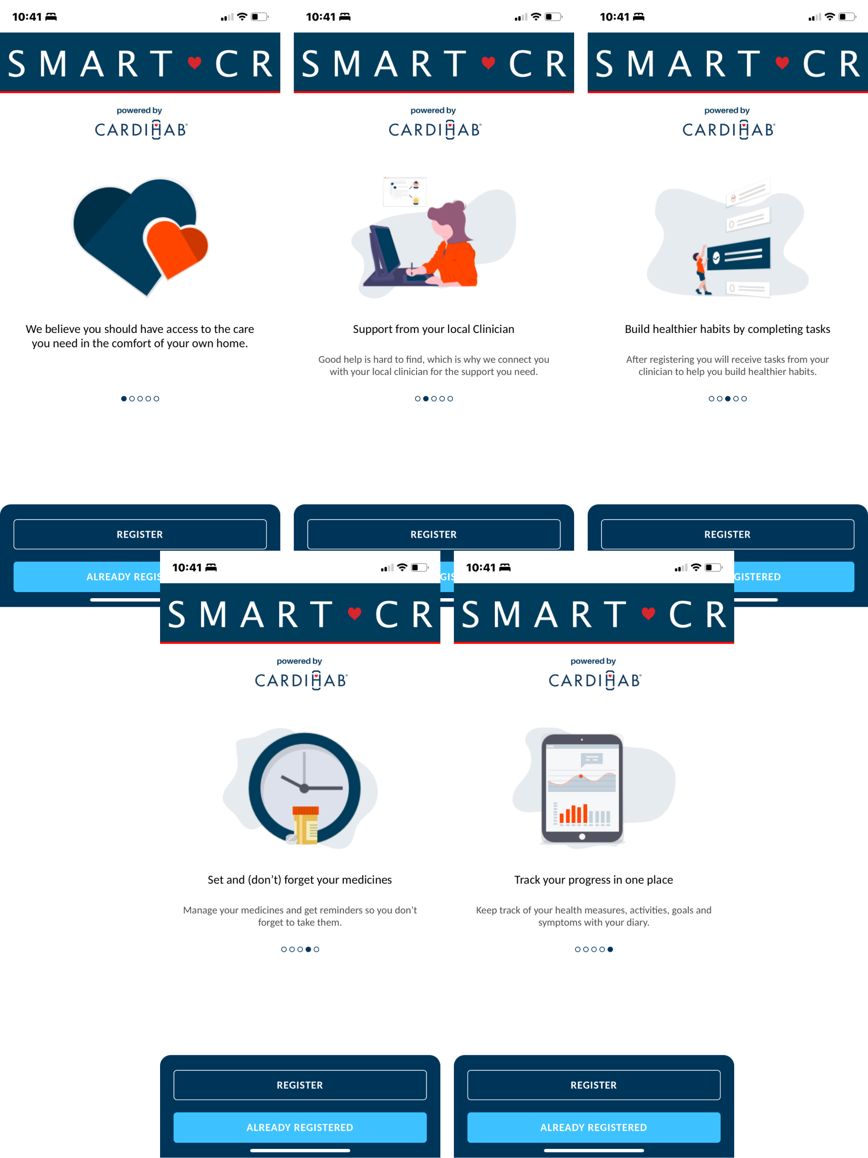 Redesigned Cardihab app screens with guided program milestones