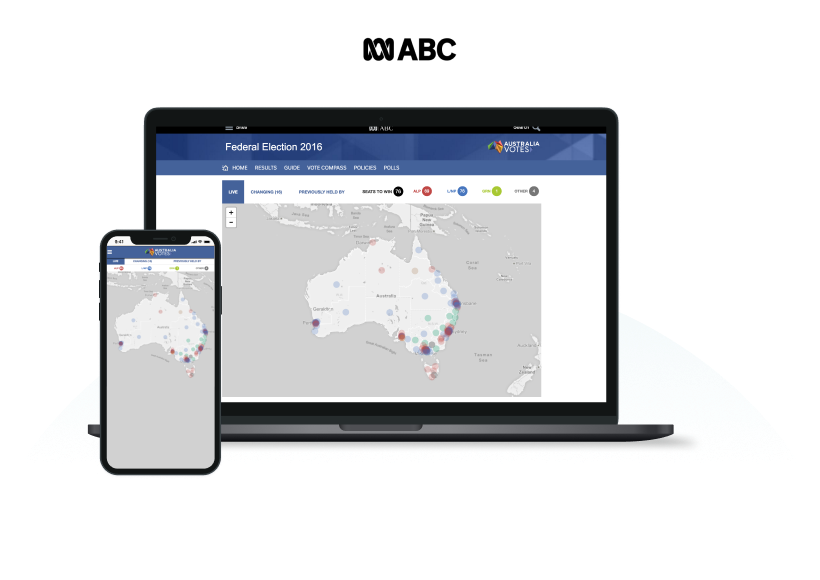 ABC Federal Election 2016 live electorate map on laptop and smartphone