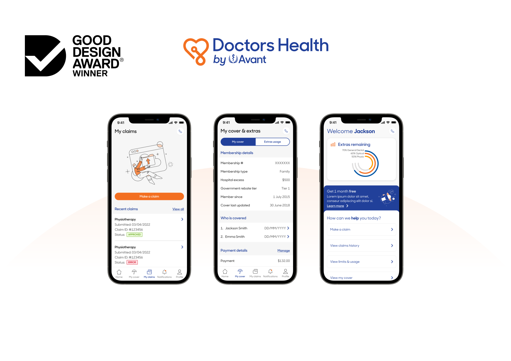 Mobile app mockups of the Doctors&rsquo; Health Fund app