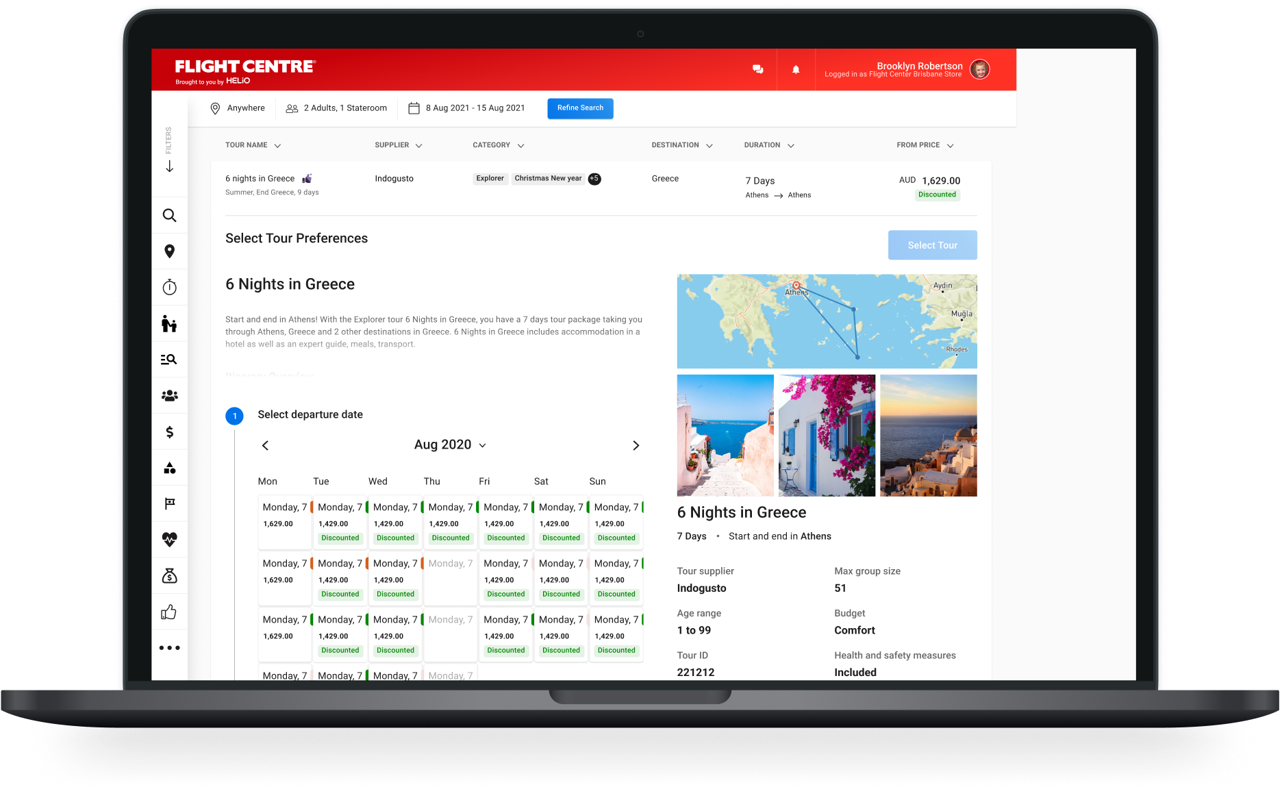 Helio&rsquo;s Tours & Packages screen showing a Greece tour&rsquo;s itinerary, departure-date calendar with live pricing, and destination map