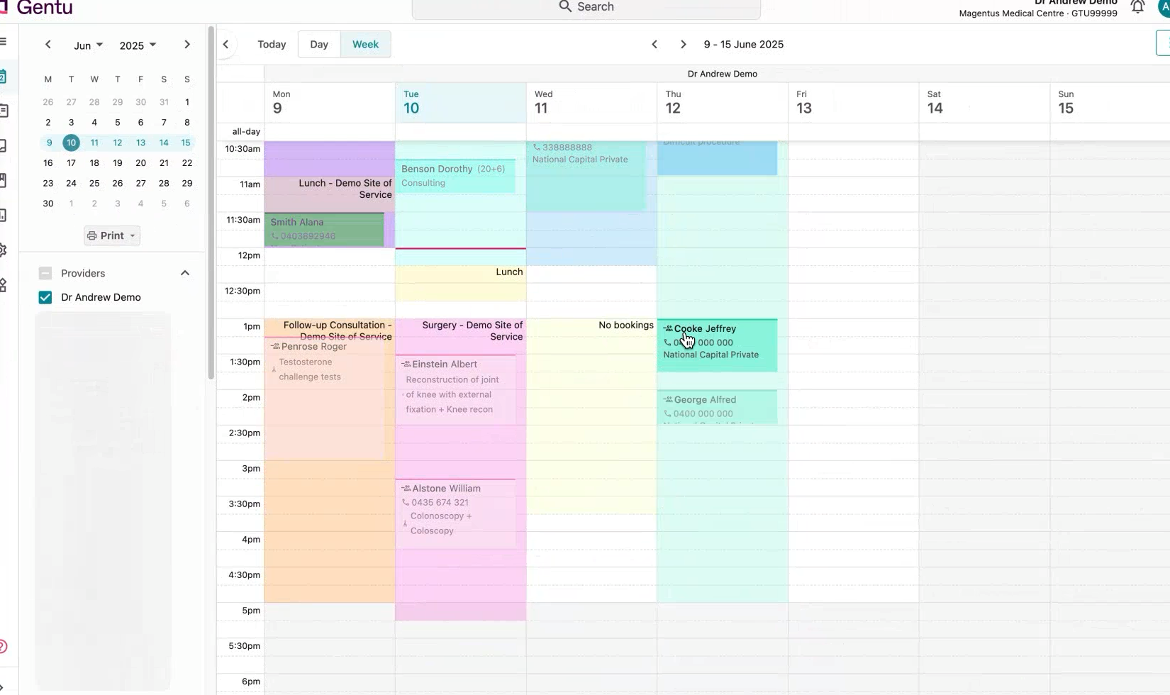 Gentu&rsquo;s week-view appointment book showing colour-coded consultations, surgeries, and procedures across multiple sites