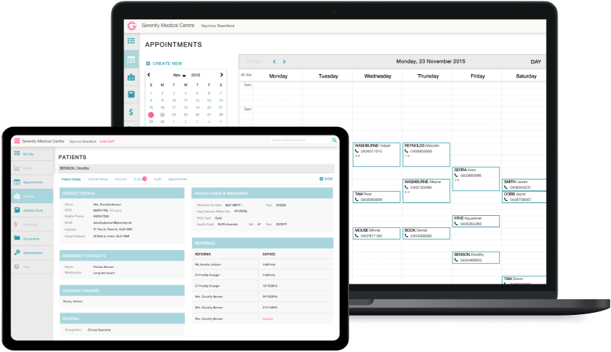Gentu practice management platform showing the appointment book on a laptop and a patient record on a tablet