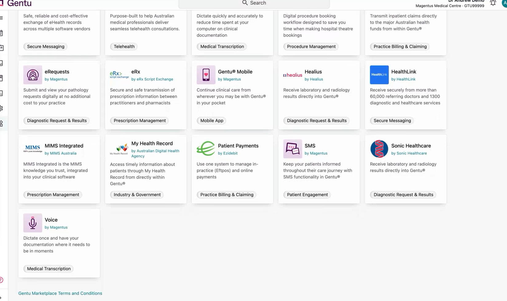 The Gentu Marketplace listing integrations including eRx, Healius, HealthLink, MIMS, My Health Record, patient payments, and SMS