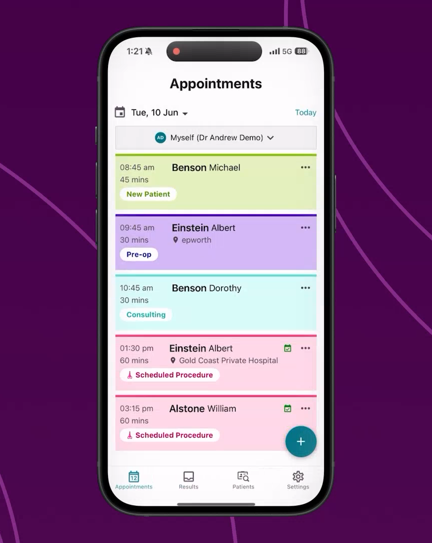 Gentu&rsquo;s mobile app showing a specialist&rsquo;s day of appointments, pre-ops, and scheduled procedures on an iPhone