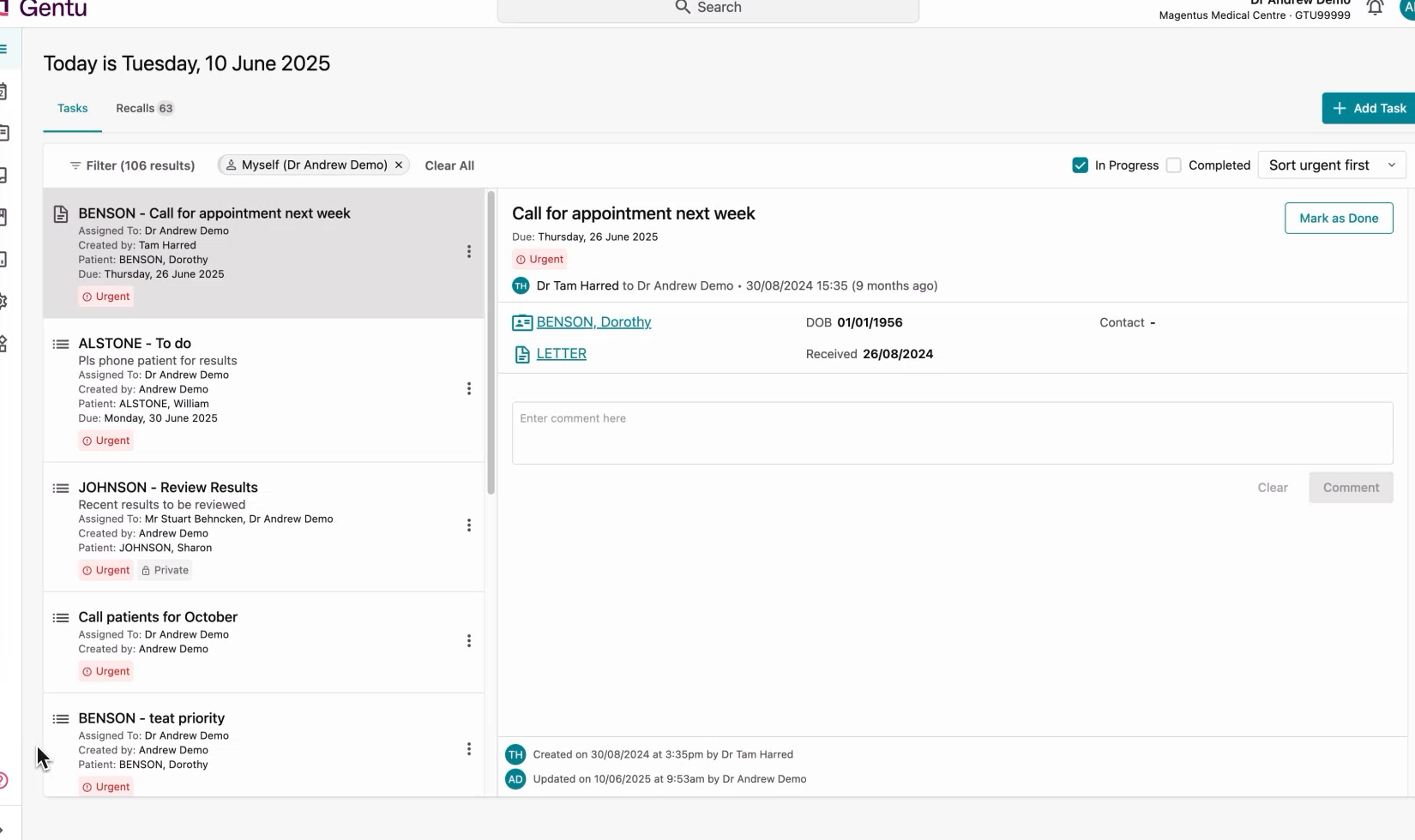 Gentu&rsquo;s My Day view listing urgent tasks and recalls, with a selected task showing patient details and a comment field