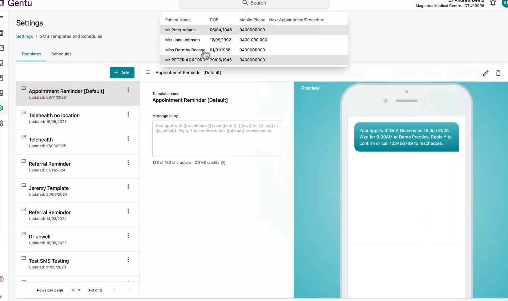 Gentu&rsquo;s SMS templates and schedules settings with a live phone preview of an appointment reminder message