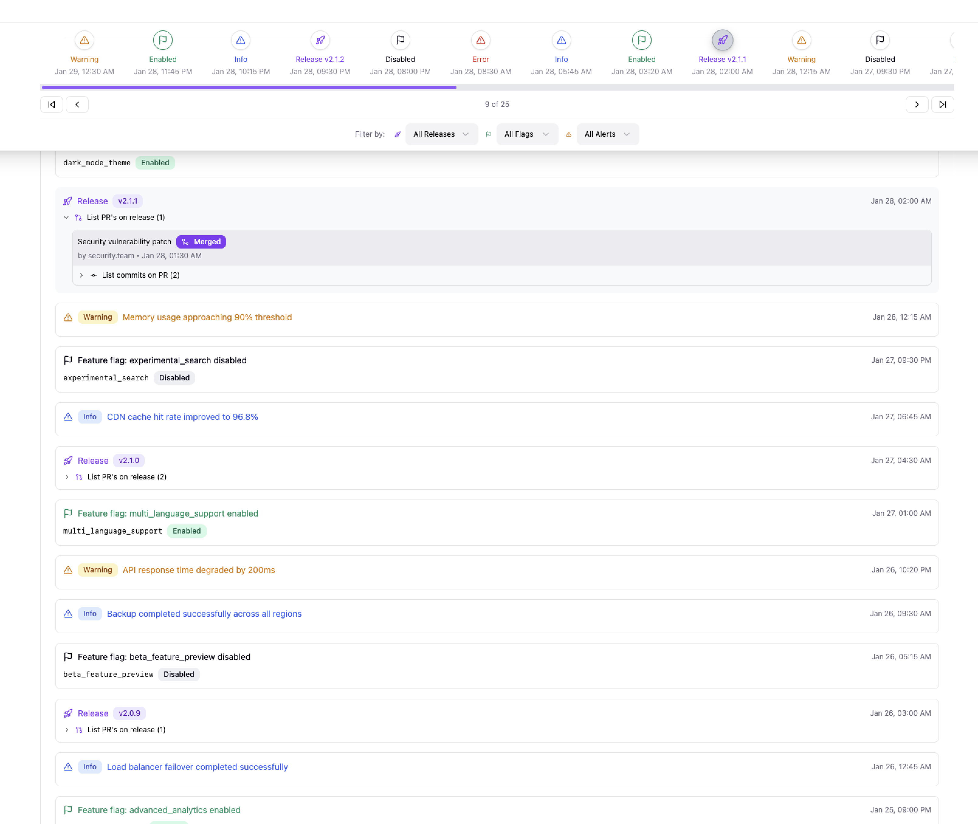 Environment Timeline concept showing releases, feature flag changes, and warning and info alerts in one chronological feed, with filters for releases, flags, and alerts